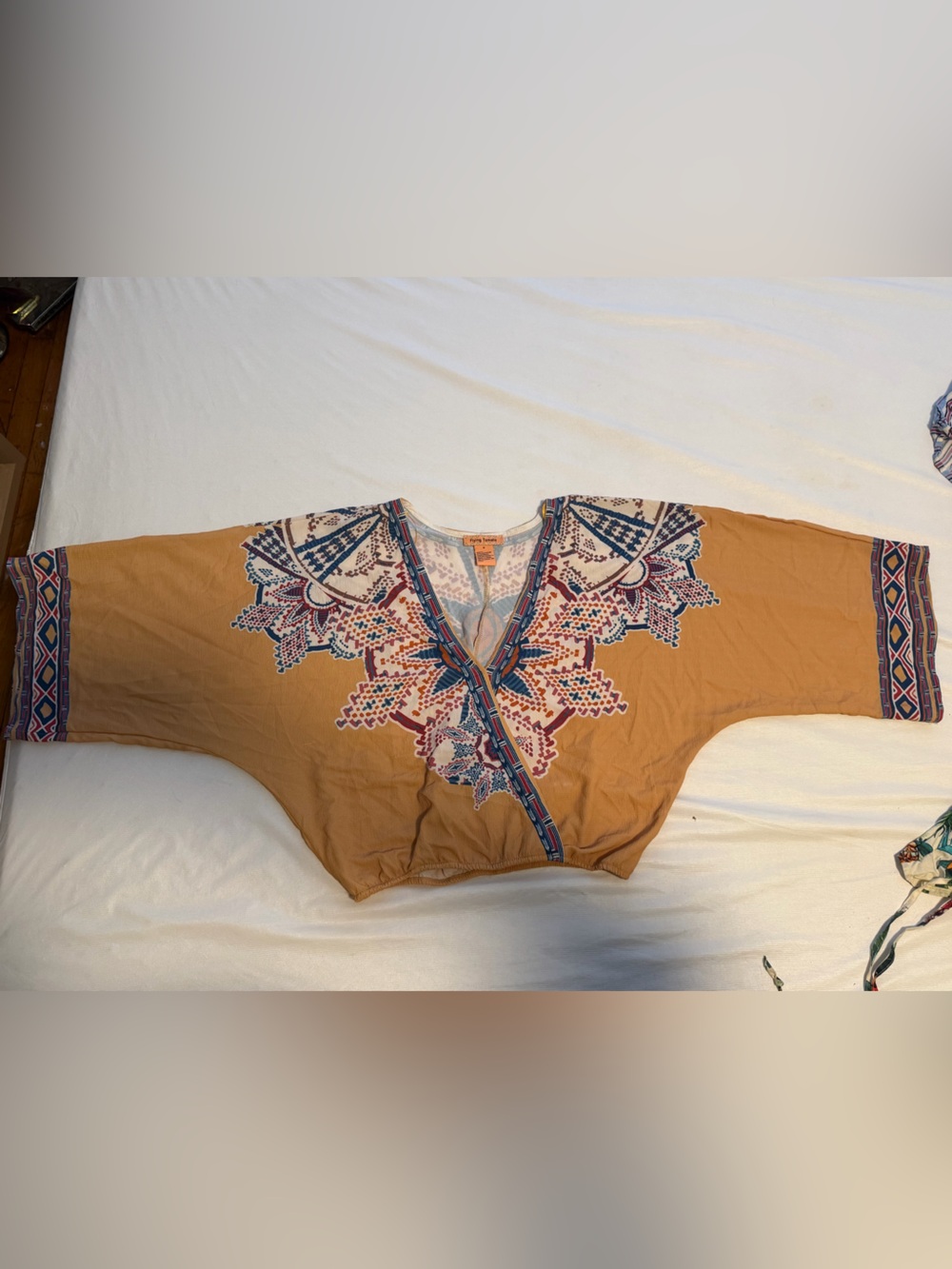 Flying Tomato Mustard Geometric Print Kimono Wrap Style Cropped Blouse